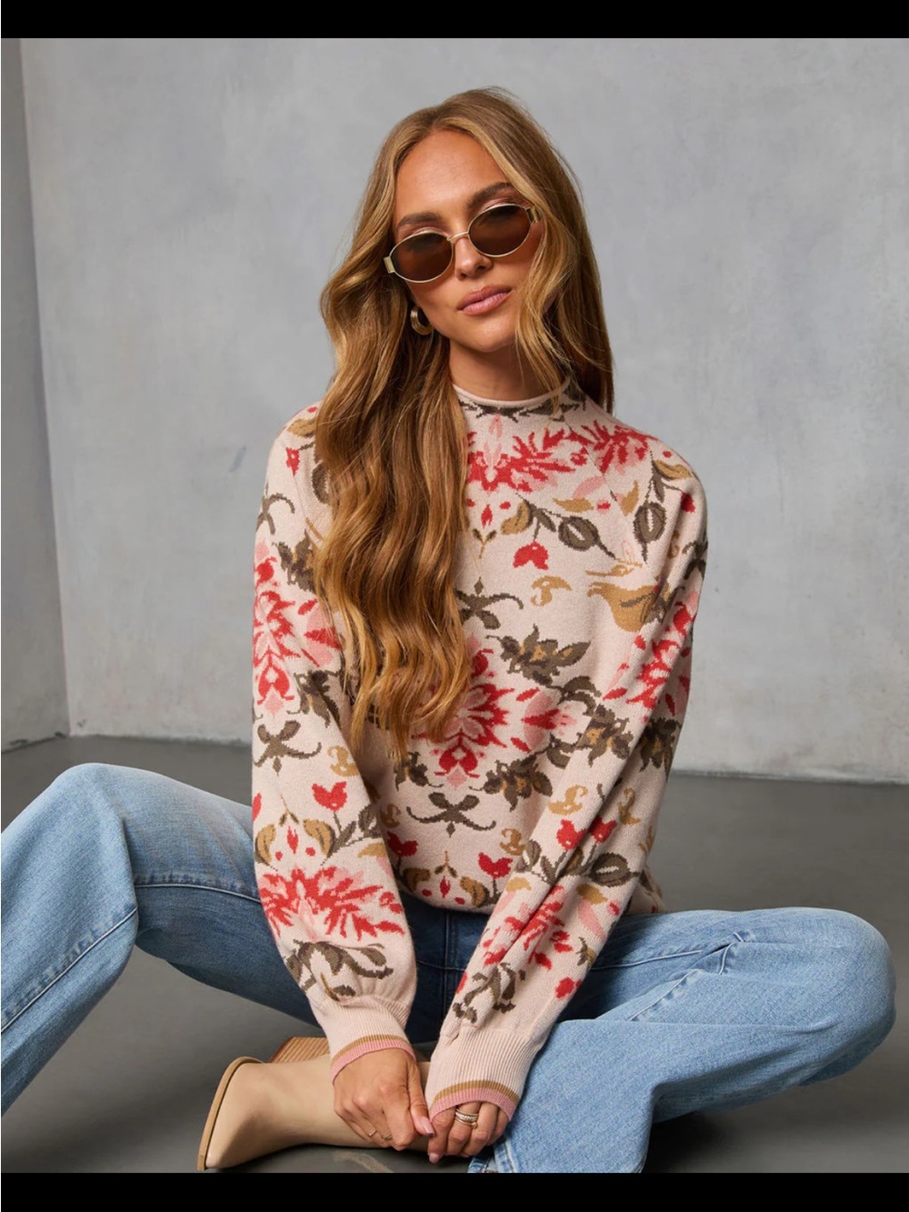 Vici Floral Turtleneck Sweater in Pink, Cream & Olive